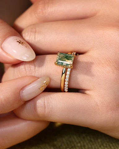 LIORAH Hidden Halo Emerald Moss Agate Ring Set