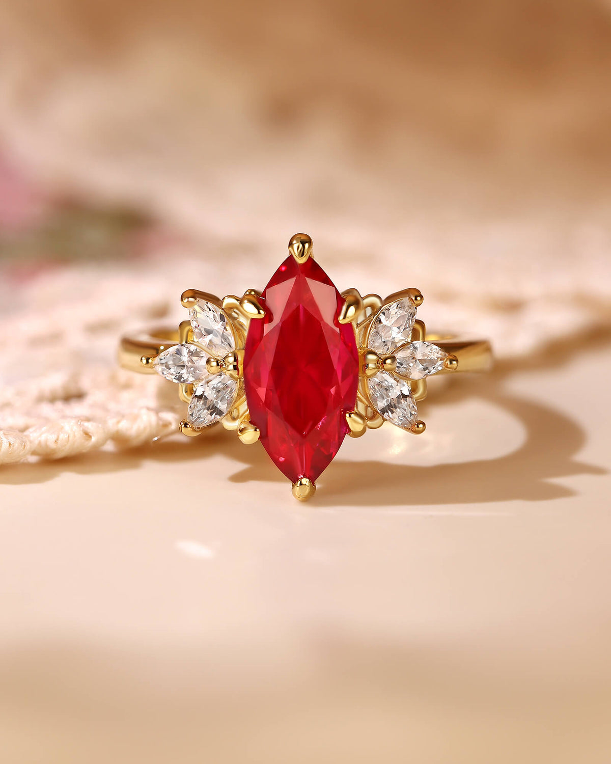 CORAL Unique Cluster Marquise Cut Ruby Engagement Ring
