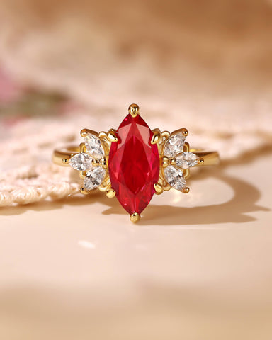 CORAL Unique Cluster Marquise Cut Ruby Engagement Ring