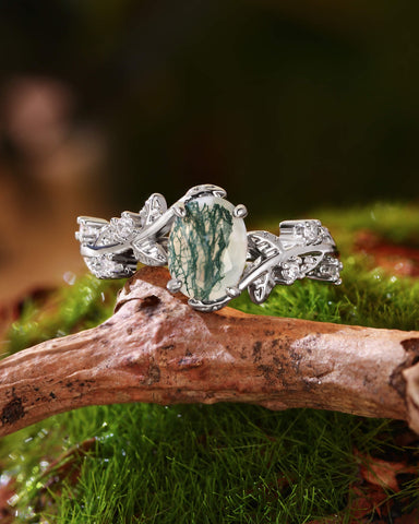 FABIOLA Oval Cut Moss Agate Engagement Ring with Vine Leaf