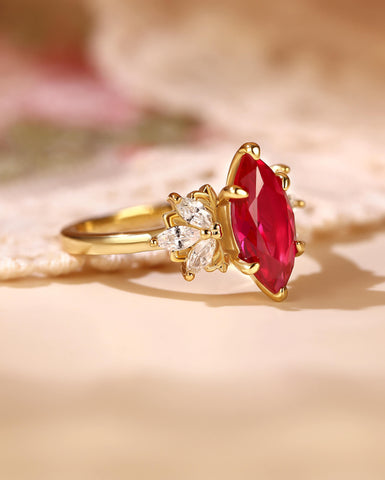 CORAL Unique Cluster Marquise Cut Ruby Engagement Ring