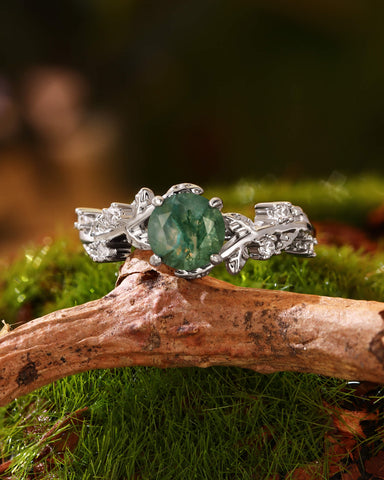 NOREEN Round Cut Moss Agate Vine Fairytale Engagement Ring