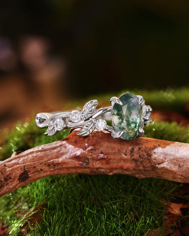 BETTINA Oval Cut Moss Agate Leafy Engagement Ring
