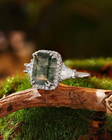 BLYTHE Emerald Cut Moss Agate Vintage Halo Engagement Ring