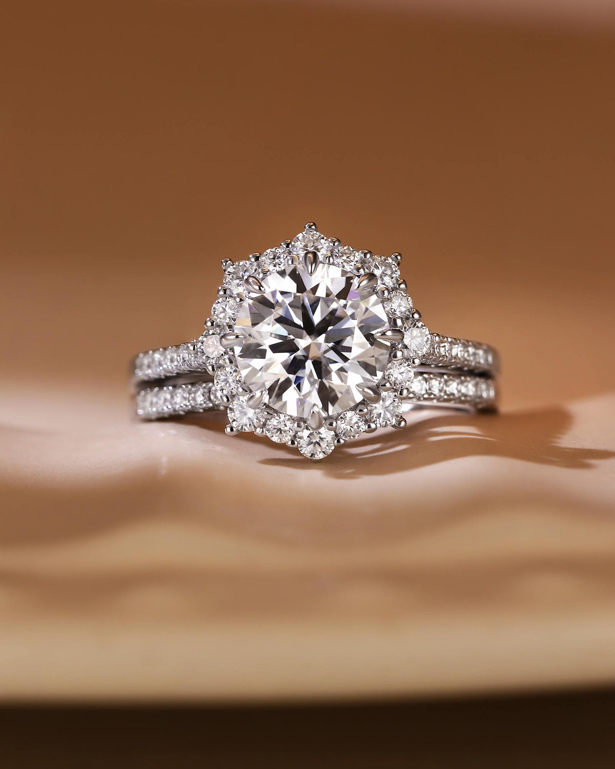 JASMINE Round Halo Moissanite Bridal Ring Set with Pave Band