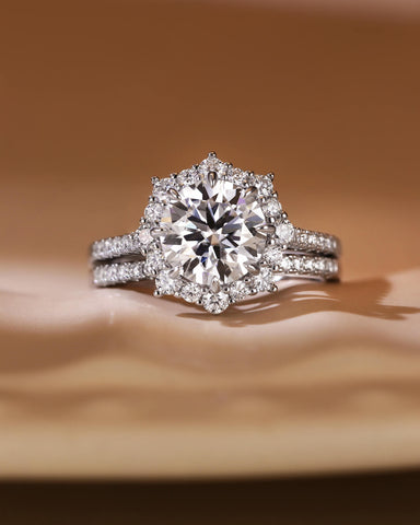 JASMINE Round Halo Moissanite Bridal Ring Set with Pave Band