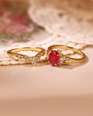 VERMILION Blossom lotus Oval Shaped Ruby Engagement Ring Set