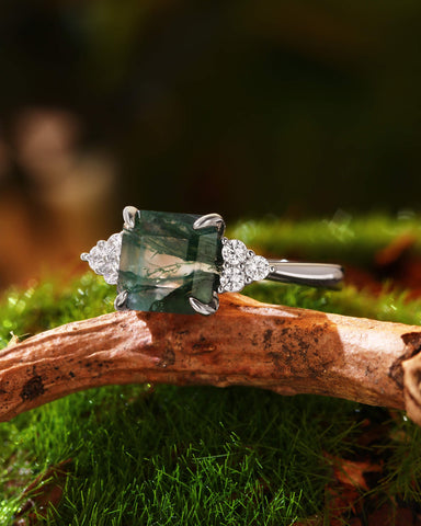 CYRA Square Shape Moss Agate Unique Engagement Ring