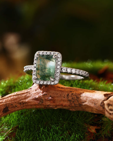 CYBELE Halo Emerald Cut Moss Agate Engagement Ring