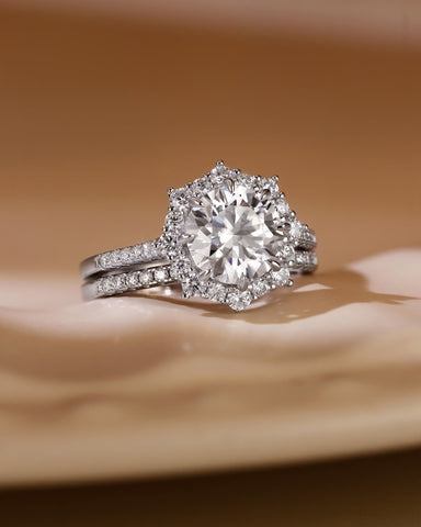 JASMINE Round Halo Moissanite Bridal Ring Set with Pave Band