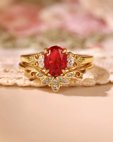 VERMILION Blossom lotus Oval Shaped Ruby Engagement Ring Set