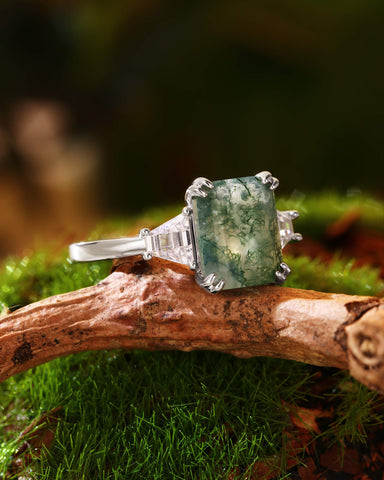 ABELLA Vintage Three Stone Emerald Cut Moss Agate Engagement Ring