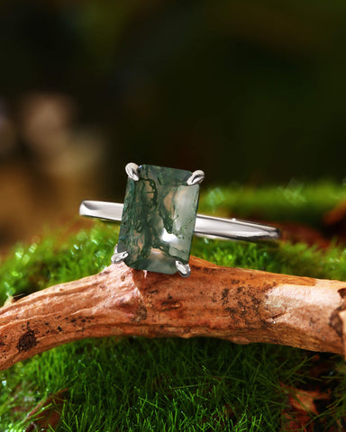 ELAINE Classic Emerald Cut Moss Agate Solitaire Engagement Ring