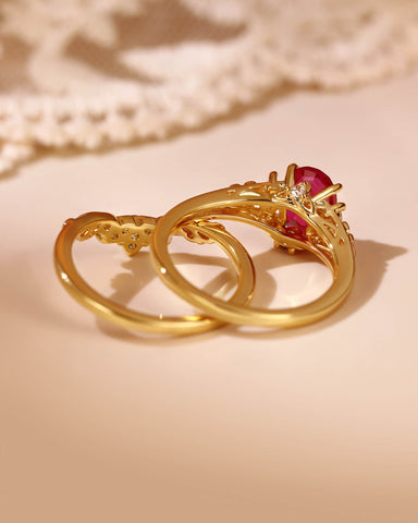 VERMILION Blossom lotus Oval Shaped Ruby Engagement Ring Set