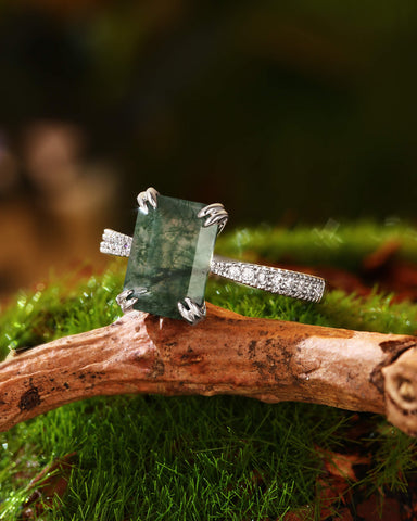 REVERIE Emerald Cut Moss Agate Double Claw Engagement Ring