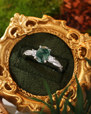 CALLUNA Three Stone Twisted Oval Cut Moss Agate Engagement Ring