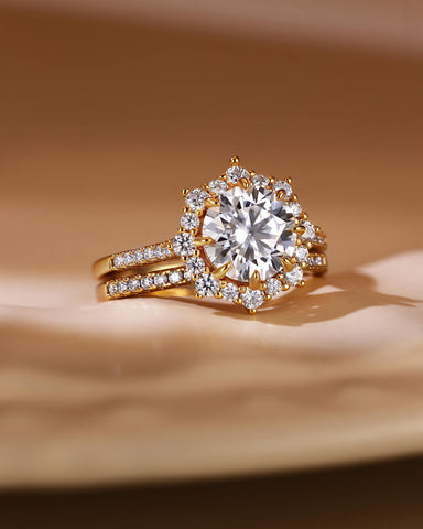 JASMINE Round Halo Moissanite Bridal Ring Set with Pave Band