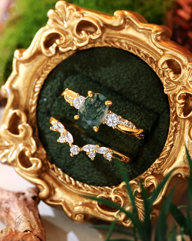 CALLUNA Twisted Oval Cut Moss Agate Engagement Ring Set 2pcs