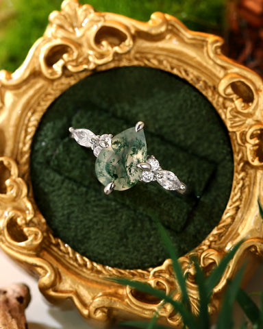 LIAZA Natural Moss Agate Pear Shaped Engagement Ring
