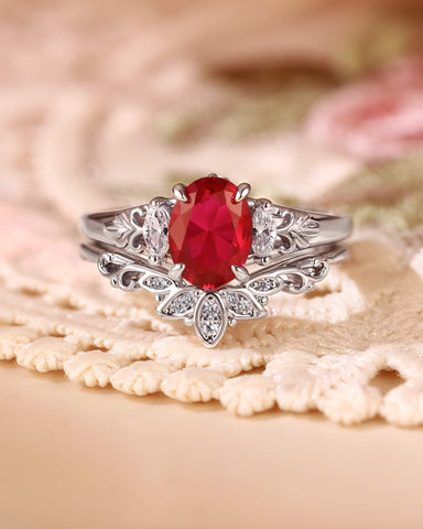 VERMILION Blossom lotus Oval Shaped Ruby Engagement Ring Set