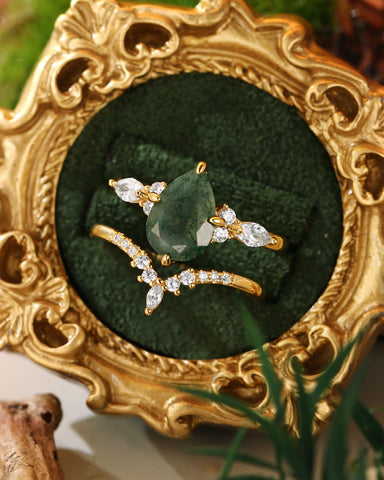 ARBELLA Pear Moss Agate Moissanite Side Stones Wedding Ring Set