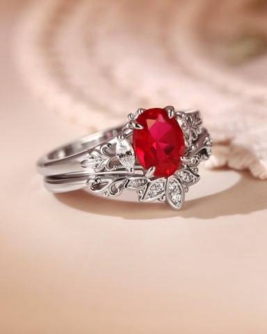 VERMILION Blossom lotus Oval Shaped Ruby Engagement Ring Set
