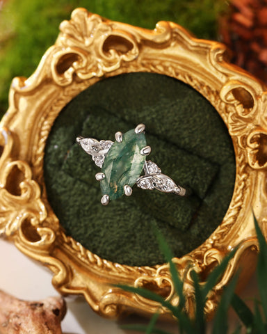 TWILA Marquise Cut Moss Agate Twist Cluster Engagement Ring