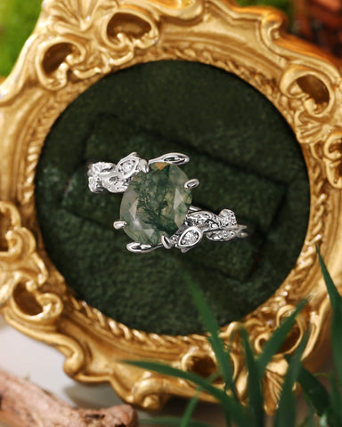 ORNELLA Oval Cut Moss Agate Leafy Vine Flower Engagement Ring