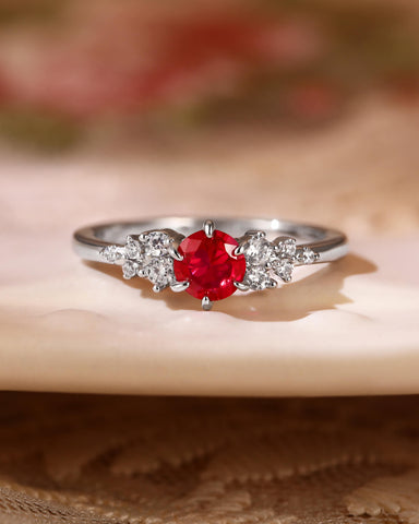 ENYA Cluster Round Cut Ruby Engagement Ring With Side Stones