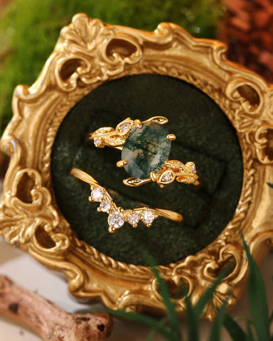 ORNELLA Oval Cut Moss Agate Leafy Vine Flower Fairy Bridal Ring Set 2pcs