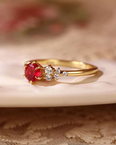 ENYA Cluster Round Cut Ruby Engagement Ring With Side Stones