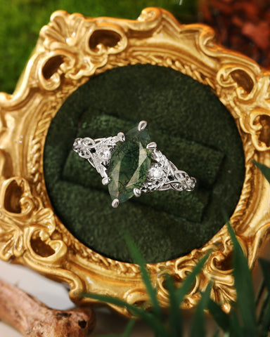 QUESTA Marquise Cut Moss Agate Leaf and Knot Love Engagement Ring