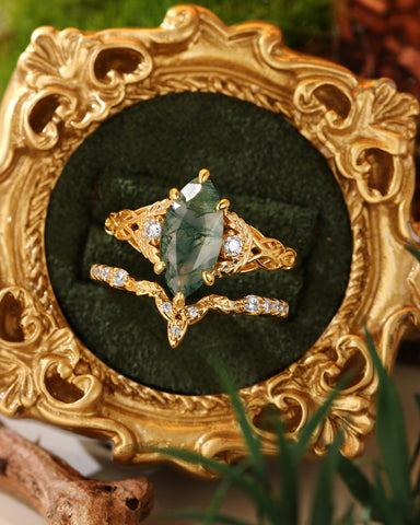 QUESTA Forest Fairy Marquise Cut Moss Agate Leafy Engagement Ring Set 2pcs