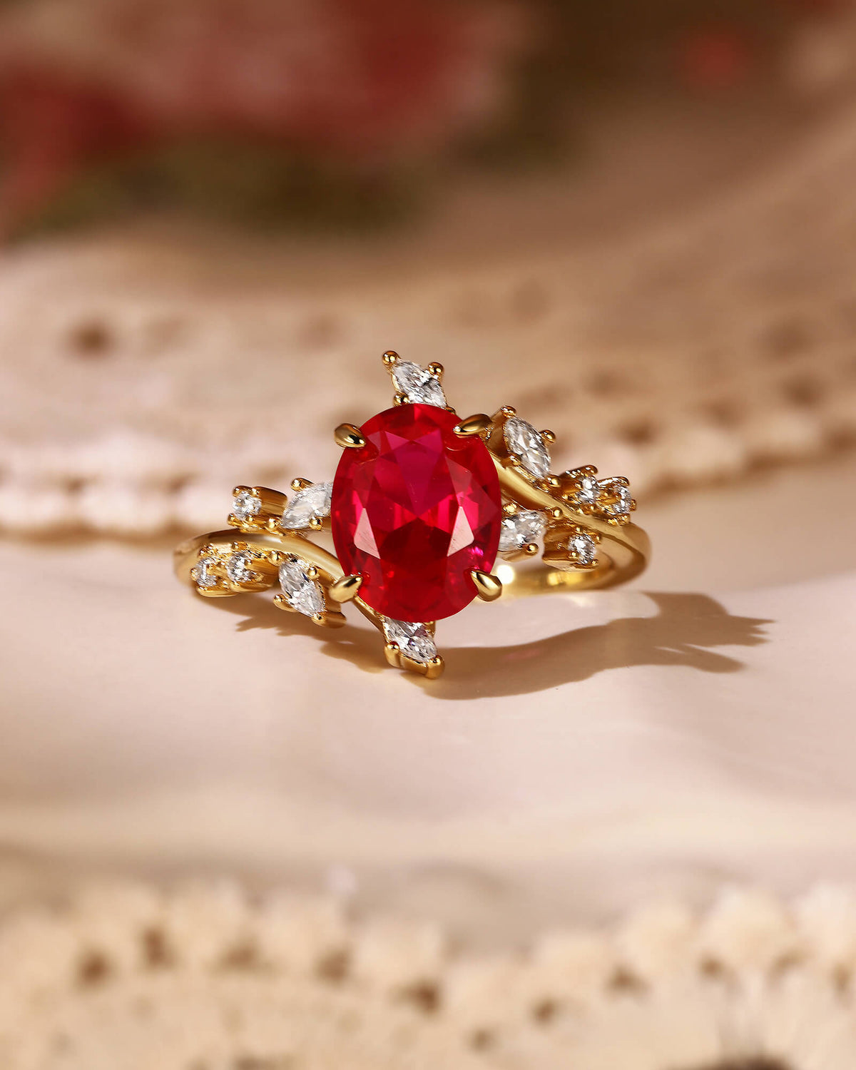 NELLY Nature Inspired Bypass Leaf Oval Ruby Engagement Ring