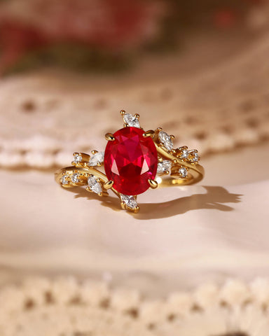 NELLY Nature Inspired Bypass Leaf Oval Ruby Engagement Ring