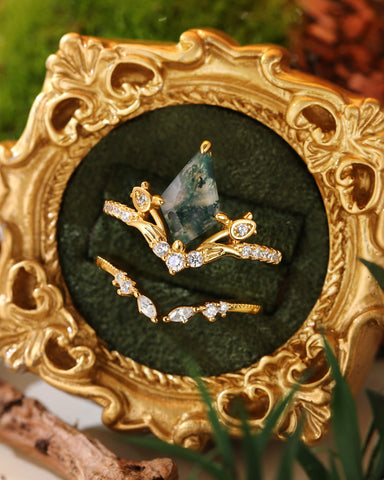 GALADRIEL Unique Kite Cut Moss Agate Leafy Floral Cluster Bridal Set 2pcs
