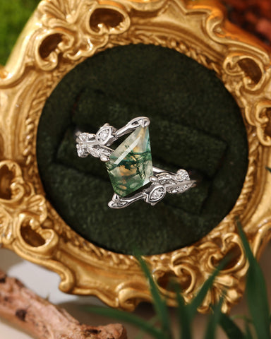 GARDENIA Kite Cut Moss Agate Leafy Vine Flower Engagement Ring
