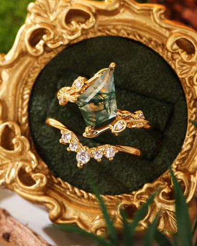 GARDENIA Unique Kite Cut Moss Agate Leafy Vine Flower Nature Inspired Bridal Set 2pcs