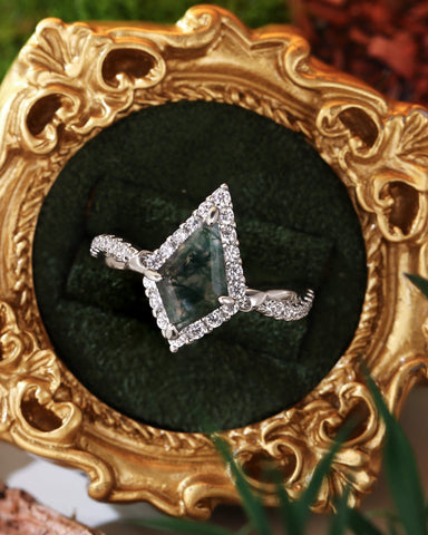 KARINA Halo Kite Cut Moss Agate Floral Twist Engagement Ring