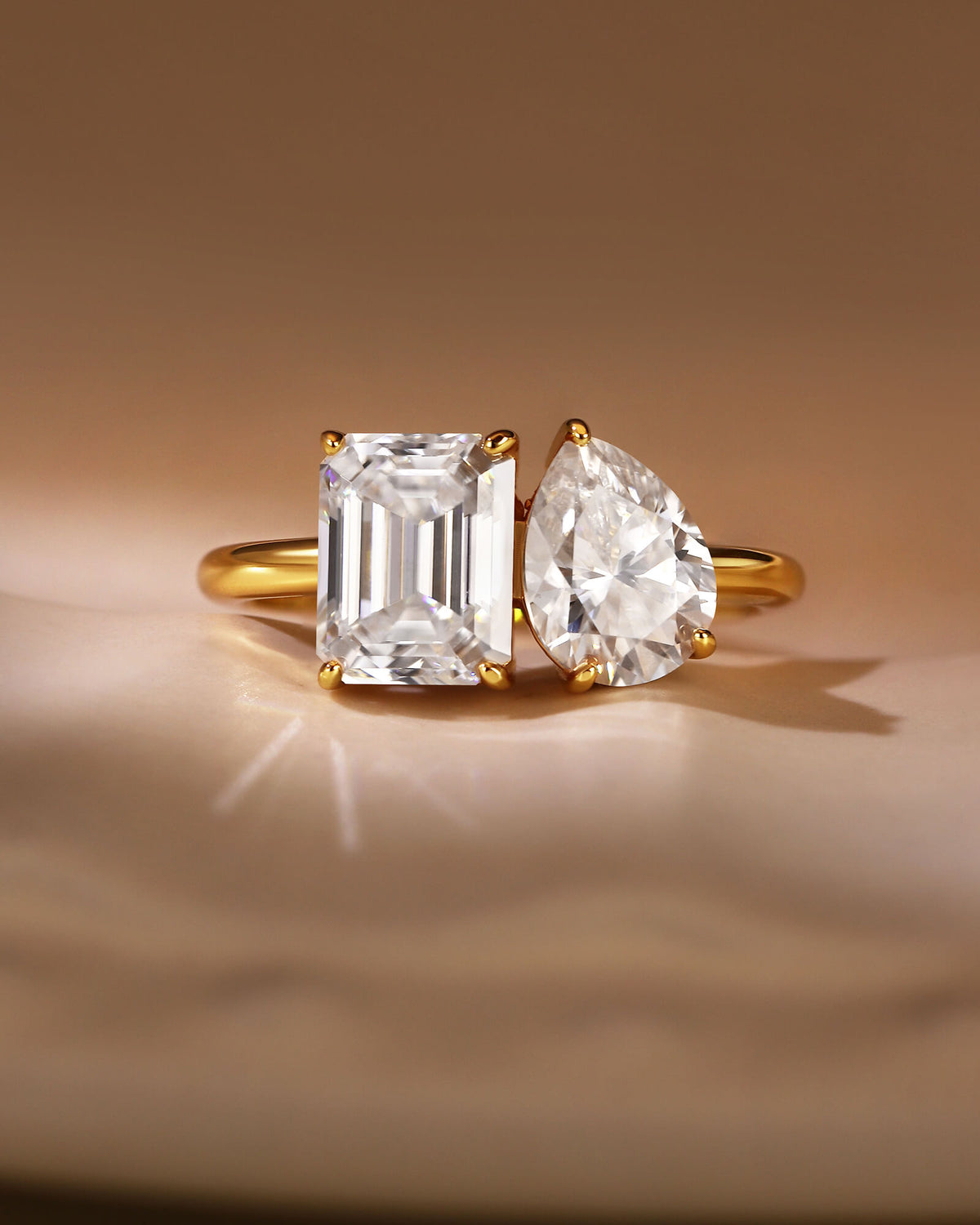 ALMA Pear and Emerald Cut Moissanite Diamond Toi et Moi Engagement Ring