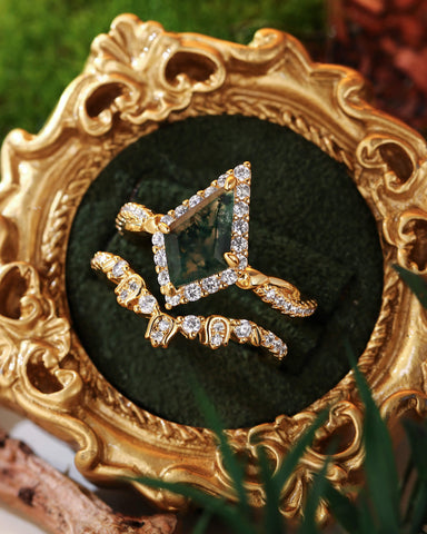 KARINA Vintage Halo Kite Cut Moss Agate Fairy Flower Inspired Engagement Set 2pcs