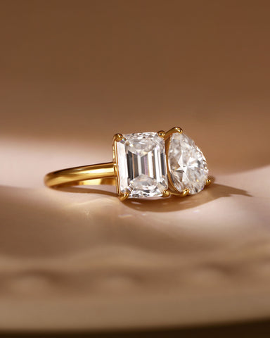 ALMA Pear and Emerald Cut Moissanite Diamond Toi et Moi Engagement Ring
