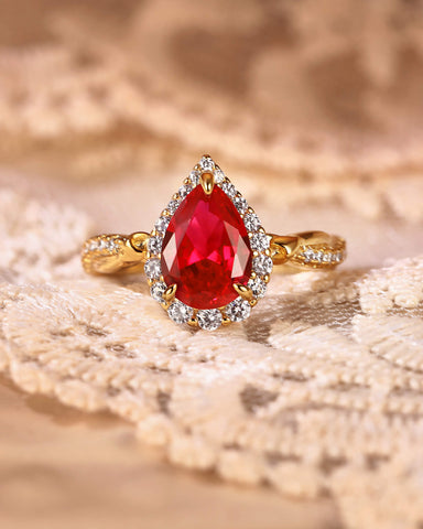 RUBINA Floral Twisted Halo Pear Shaped Ruby Engagement Ring
