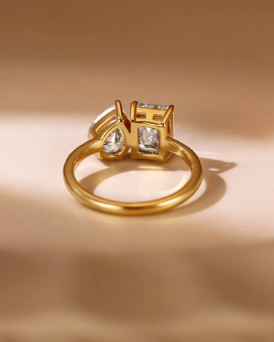 ALMA Pear and Emerald Cut Moissanite Diamond Toi et Moi Engagement Ring