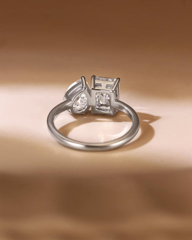 ALMA Pear and Emerald Cut Moissanite Diamond Toi et Moi Engagement Ring