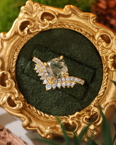 MOSSIRA Cushion Cut Moss Agate Cluster Engagement Ring