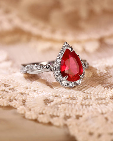 RUBINA Floral Twisted Halo Pear Shaped Ruby Engagement Ring