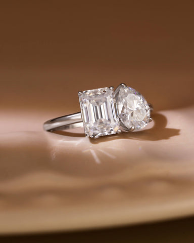 ALMA Pear and Emerald Cut Moissanite Diamond Toi et Moi Engagement Ring