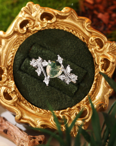 HORTENSE Heart Cut Moss Agate Branch Leafy Inspired Engagement Ring