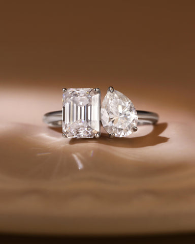 ALMA Pear and Emerald Cut Moissanite Diamond Toi et Moi Engagement Ring